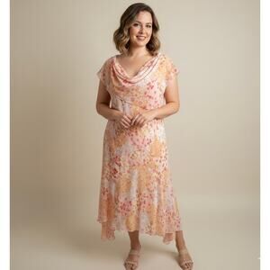 Cato Woman Floral Midi Dress Size 18W Pink Orange Cowl Neck Chiffon Lined Plus